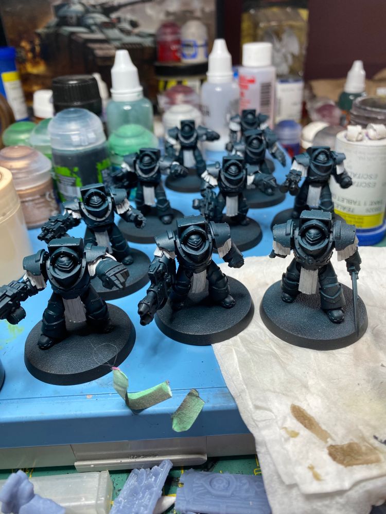 Ten partially painted dark angels terminators
