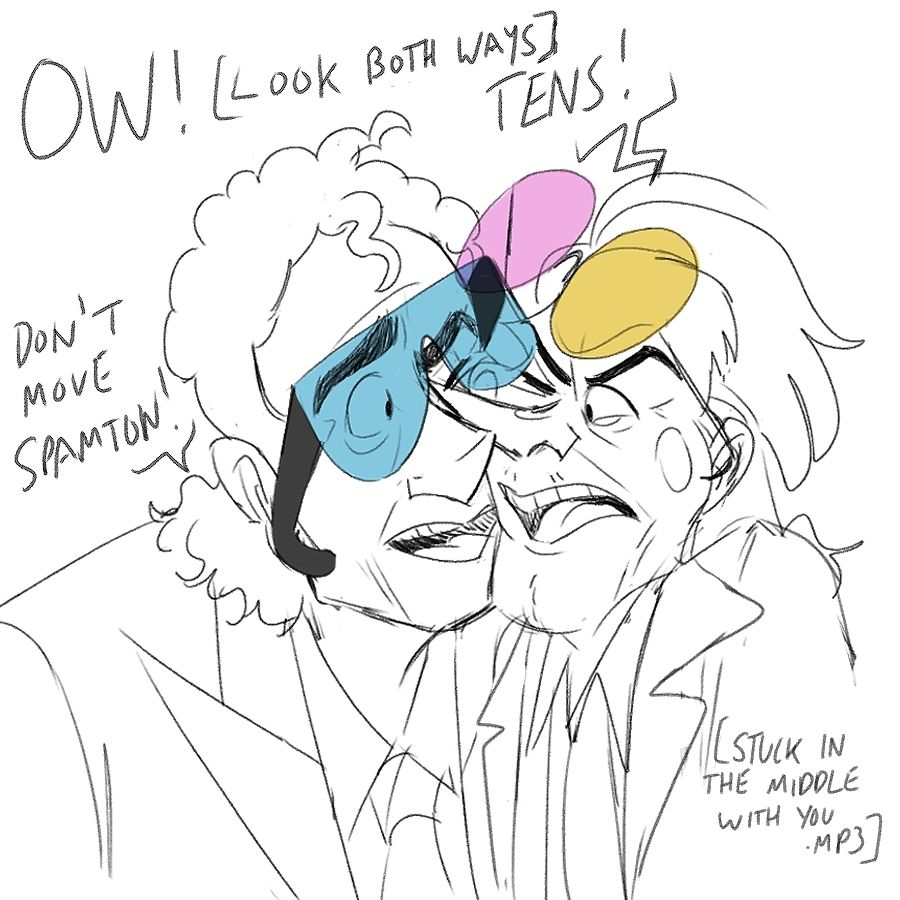 Picture is of Spamton (R)and Tenna (L) humanizations from Deltarune. 

They went in for a kiss and instead their glasses got tangled. Trying to emulate the promo nose curling picture from fangamer.

Text: Spamton: "OW [LOOK BOTH WAYS] TENS!

Tenna: "Don't move Spamton!"

[STUCK IN THE MIDDLE WITH YOU.MP3]