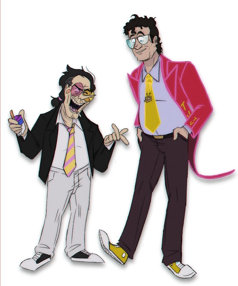 The picture is of Spamton and Tenna from Deltarune, humanized.

Spamton is a short Italian man with dark hair and preying temples. He has bicoloured pink and yellow glasses and facial hair. He wears a black suit, pink and yellow striped tie, white shirt and pants, and black converse. He is smoking and looking up, scheming, to Tenna.

Tenna is a very tall Hispanic man with tight curly, box dyed hair in a mullet. He wears blue aviators and a bright red suit jacket with T and V buttons in yellow. He wears black pants, a white shirt, and yellow tie with a tv tie clip. He also wears bright yellow converse. He is standing with his hands in his pockets casually, listening intently to Spamton.

It is a white background.