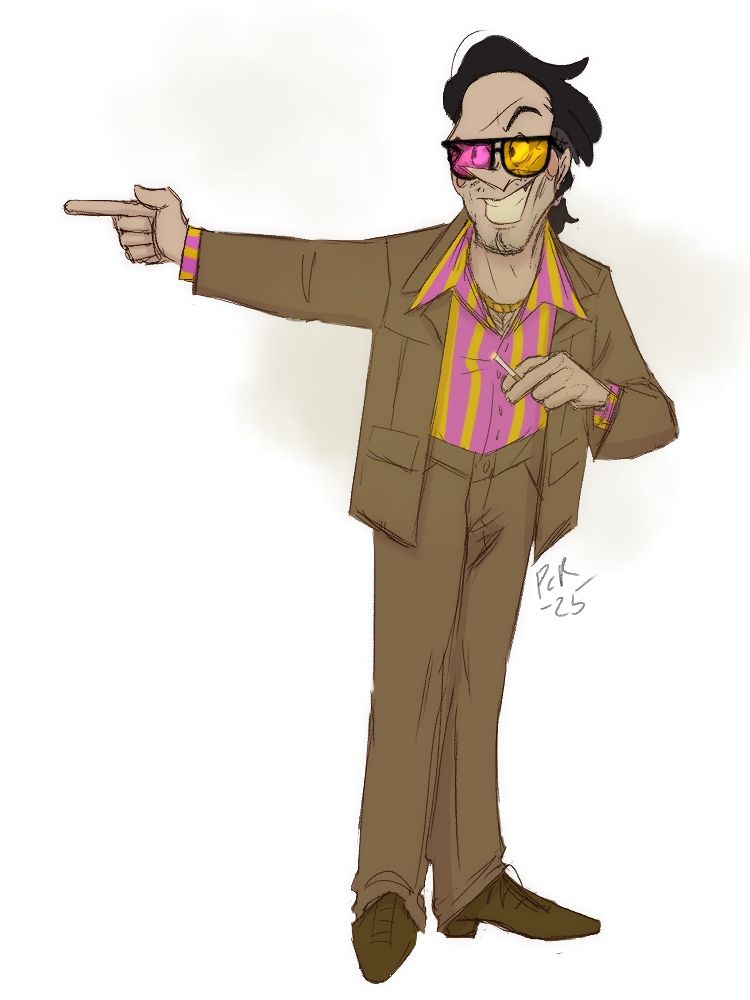 A coloured picture of a humanized Spamton from Deltarune sporting a brown 70s Leisure suit. He has bicolour pink and yellow aviators with black frames and a striped shirt with similar colours. He has dark preying hair pulled into a ponytail.

He is pointing and smiling off frame while holding a little cigarette in his left hand.