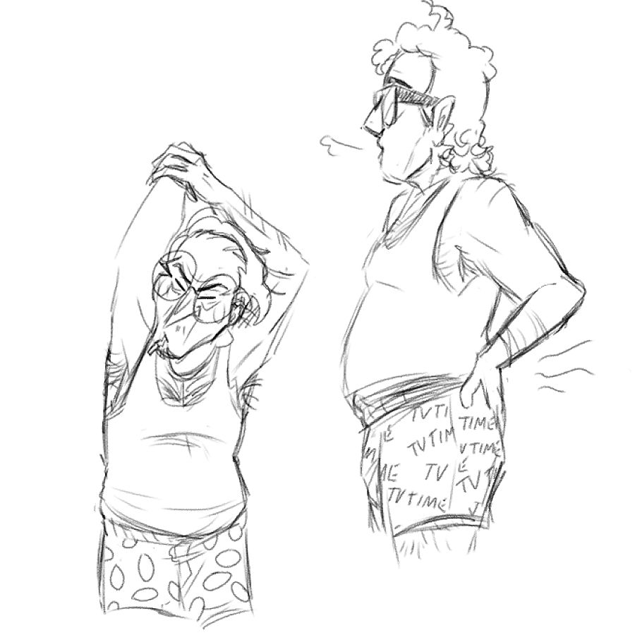 Picture is of Spamton (L)and Tenna (R) humanizations from Deltarune. 

Spamton is stretching by pulling his arm behind his head while smoking a cigarette.

Tenna is popping his back and giving a sigh of relief.

Both are in their boxers and undershirt. Tenna's boxers say "TV Time" And Spamton's are a pipis pattern.