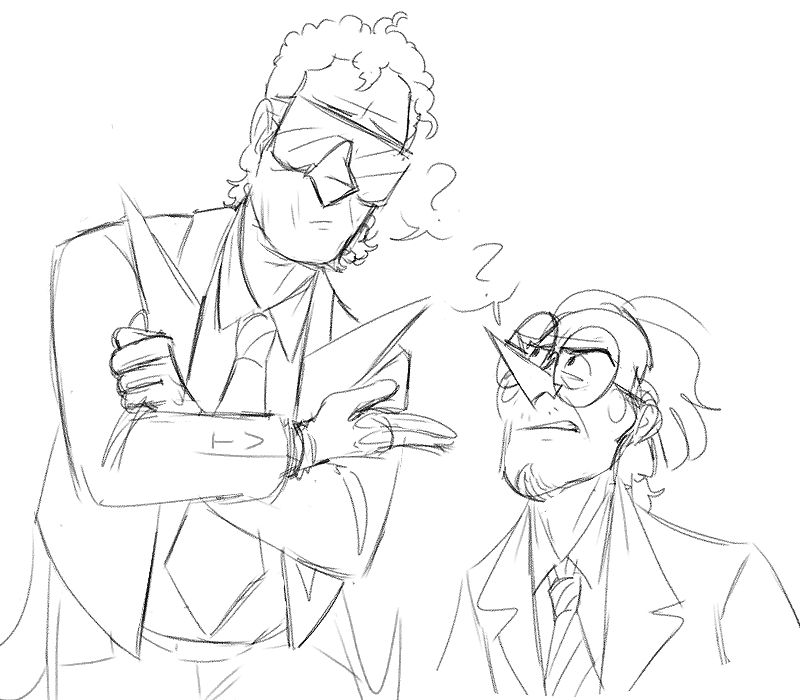 Picture is of Spamton (R)and Tenna (L) humanizations from Deltarune. 

Both look confused and are reacting to someone out of frame.