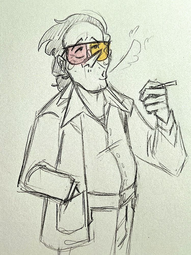 A black and white sketch of humanized Spamton with highlighter coloring his glasses pink and yellow. 

He is smoking a cigarette and blowing smoke as his right hand is in his pocket of the same Leisure suit as the previous picture.