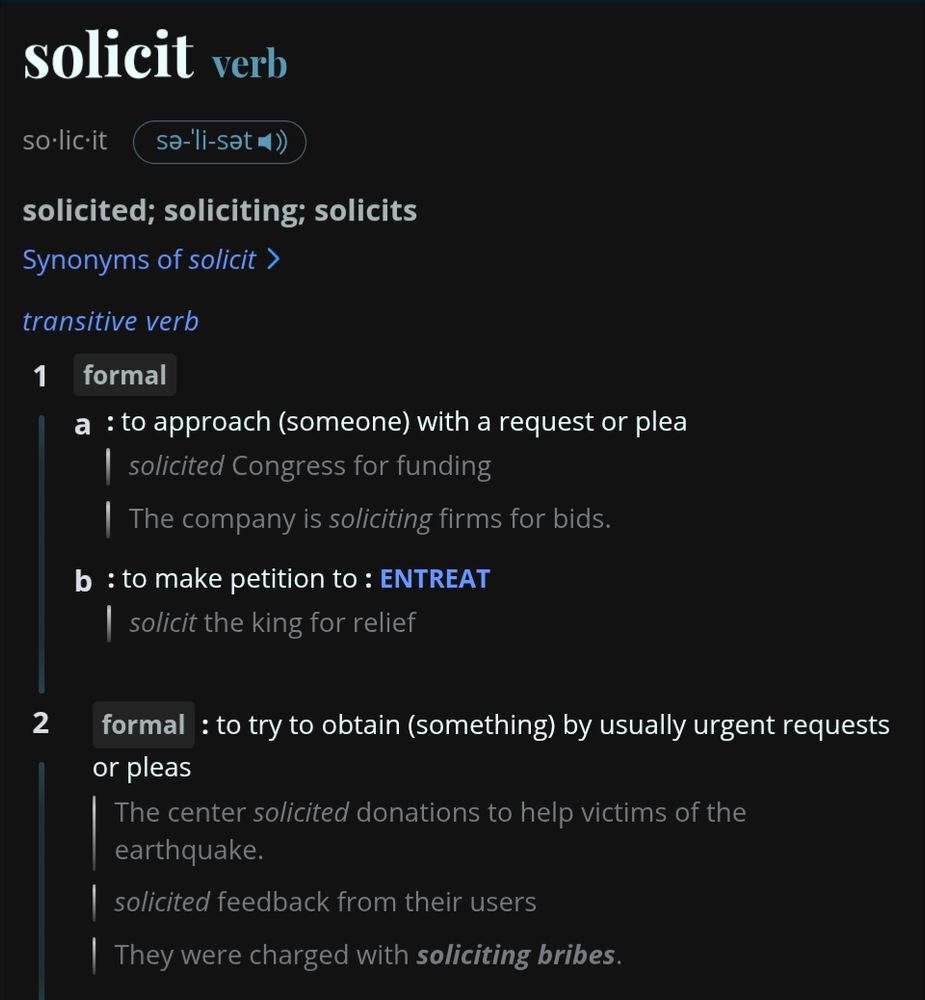Screenshot of the Merriam-Webster definition of solicit