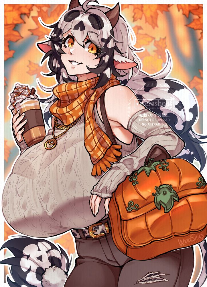 Tags: #art #artpost #oc #vgen #commission #skeb #sketch #originalcharacter #vtuber #moovember

Description: A cow girl dressed in autumn/fall attire; shes in a cutesy pose, wearing a sleeveless sweater with long fingerless gloves and an orange plaid scarf, with one arm resting on a pumpkin-shaped bag while the other hand holds a sugary pumpkin-spiced drink close to her chest. She smiles toward the camera, a crisp collection of fall colors behind her that give an impression of warmth in the middle of a cold day.