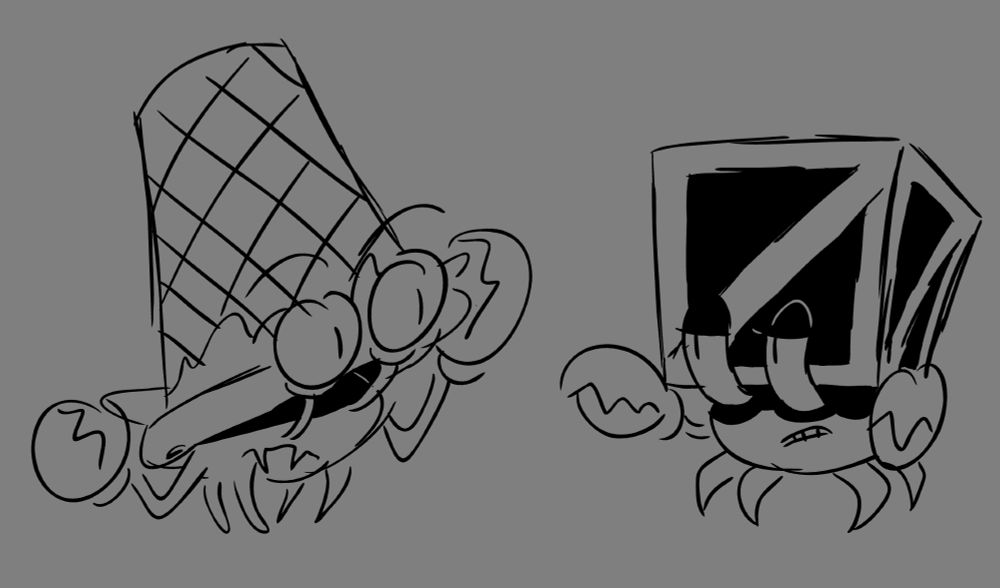 A crab using a trash can for a shell on one side, and a crab using a crate as a shell on the other side.