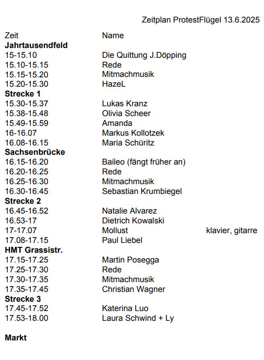 Programmpunkte zum Protestflügel. Jahrtausendfeld (15.15 bis 15.30 Uhr). Strecke 1 (15.30 bis 16.15). Sachsenbrücke (16.15 bis 16.54). Strecke 2 (16.45 bis 17.15). HMT Grassistraße (17.15 bis 17.45). Strecke 3 (17.45 bis 18.00).

An jedem Abschnitt spielen verschiedene Musiker und Musikerinnen. Z.B.: Hazel, Markus Kollotzek, Sebastian Krumbiegel, Paul Liebel uvm.