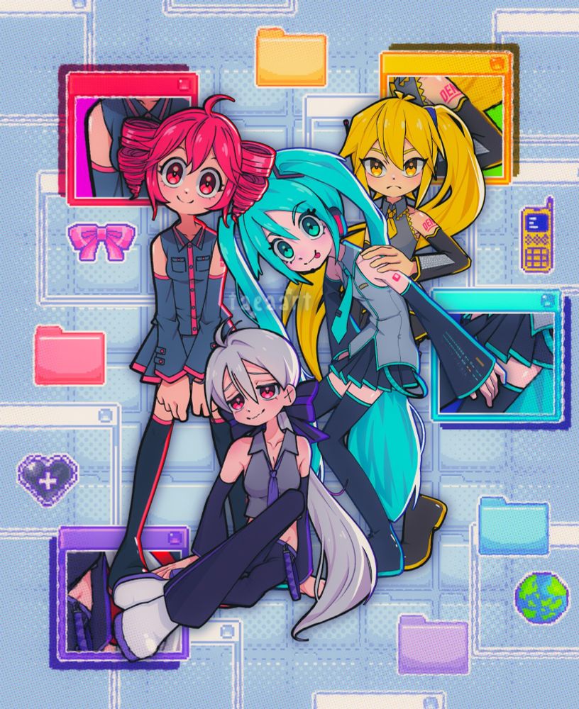 Hatsune Miku, Kasane Teto, Akita Neru, and Yowane Haku posed as a group in front of a desktop UI themed background. Pixel art of files a littered throughout the piece as well as a globe, bow, phone, and laced heart placed near each girl it represents. There are 4 tabs in the background that focus on each girl's charm point.