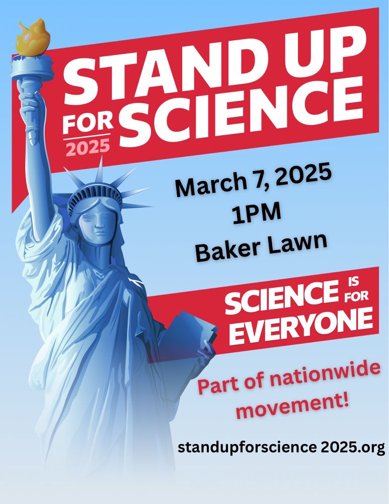 A flier promoting Stand Up for Science. A cartoon drawing of lady liberty in blue. A red banner at the top reads “Stand Up for Science 2025- Science is for everyone” The local details are March 7, 1 PM on Baker Lawn at Cal Poly SLO. 