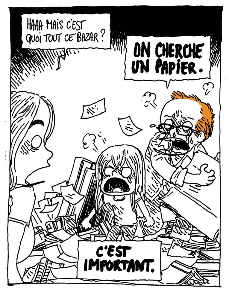 La sœur de Boulet rentre dans la pièce, et trouve le salon sens-dessus-dessous, meubles retournés et piles de livres par terre.

Sœur: "Haaa mais c'est quoi tout ce bazar ?"
Boulet (en larmes): "ON CHERCHE UN PAPIER."
Nièce (en larmes): "C'EST IMPORTANT."