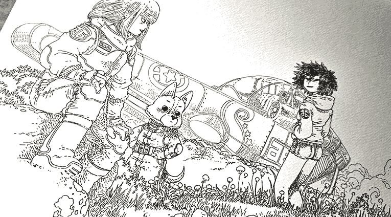 De jeunes astronautes et un corgi humanoïde devant un vaisseau spatial posé dans une prairie.