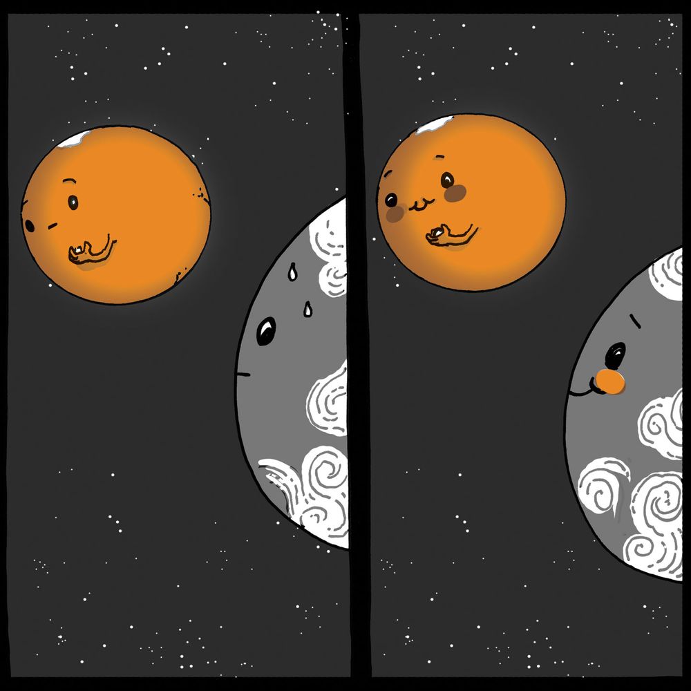 Mars se retourne et voit la Terre qui attend anxieuse sa réaction.
Finalement les deux se sourient, en rougissant légèrement.