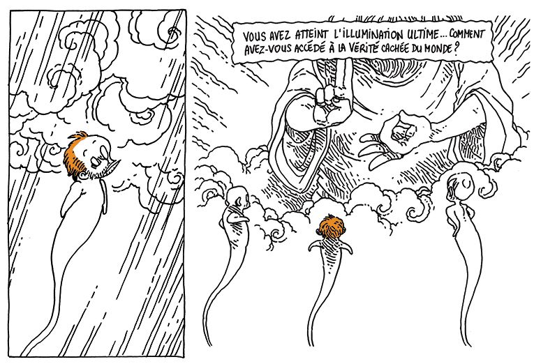 Boulet-âme s'élève à toute vitesse et traverse les nuages, l'air stupéfait.
On le voit arriver devant une silhouette géante en toge se tenant dans le ciel dans une pose de méditation, le visage hors-cadre (on devine juste une longue barbe). Autour de Boulet deux autres âmes sont arrivées en même temps que lui.
La silhouette divine: "Vous avez atteint l'Illumination Ultime... Comment avez-vous accédé à la vérité cachée du Monde ?"