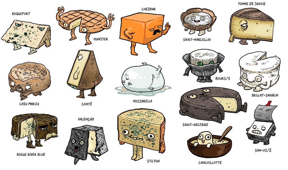 Plein de petits fromages avec des petits yeux rigolos et des bras & jambes.