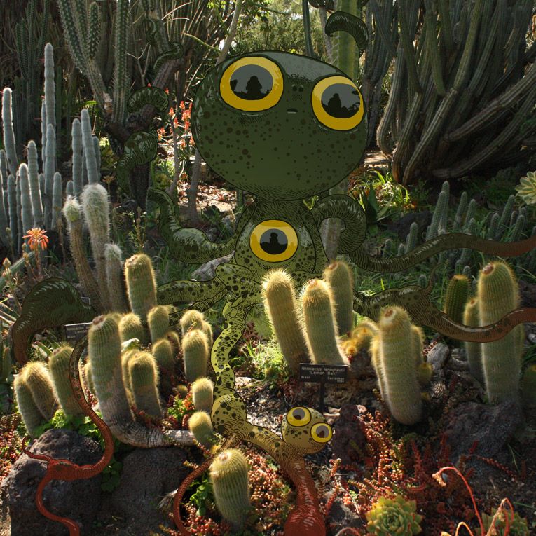 Au milieu du Hunttington Garden à Los Angeles, une créature polycéphale verte à grands yeux jaunes est cachée dans les cactus.