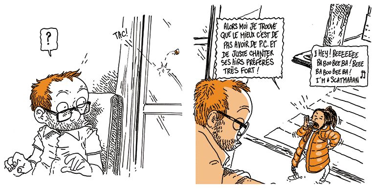 Boulet est interrompu par un gravier qui rebondit sur sa fenêtre. Dehors, une jeune femme en doudoune lui crie : "Alors moi je trouve que le mieux c'est de ne pas avoir de PC et de juste chanter ses airs préférés très fort !"
Elle se dandine en entonant "Scatman"