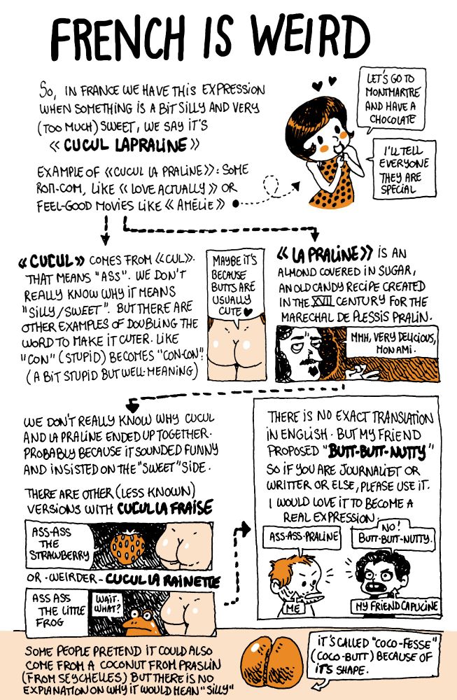 A page in english explaining the french expression "cucul la praline"
"So, in France we have this expression when something is a bit silly and very (too much) sweet, we say it's Cucul la Praline. Example of cucul la praline: some rom-com like "Love, Actually" or feelgood movies like "Amelie" (Image of Amelie saying "Let's go to Montmartre and have a chocolate, I'll tell everyone they are special"
Cucul comes from "cul", that means "ass". We don't relly know why it means silly/sweet. But there are other examples of doubling the word to make it cuter. Like "con" (stupid) becomes "con-con" (a bit stupid but well-meaning" - La praline is an almond covered in sugar, an old recipe created in the XVIII century for the Marechal de Plessis Pralin (Image of the marechal saying "mmh very delicious mon ami")
We don't really know why cucul and la praline ended up together. Probably because it sounded funny and insisted on the "sweet" side. There are (less-known) versions with "cucul la fraise" (ass-ass-the strawberry) or -weirder- "cucul la rainette" (ass-ass-the-frog)
There is no exact translation in English, but my friend proposed "Butt-butt-nutty", so if you are a journalist or a writer or else, please use it. I would love it to become a real expression.

Some people pretend it could also come from a coconut from praslin in the Seychelles, but there is no explanation on why it would mean "silly" (it's called coco-fesse (coco-butt) because of its shape)