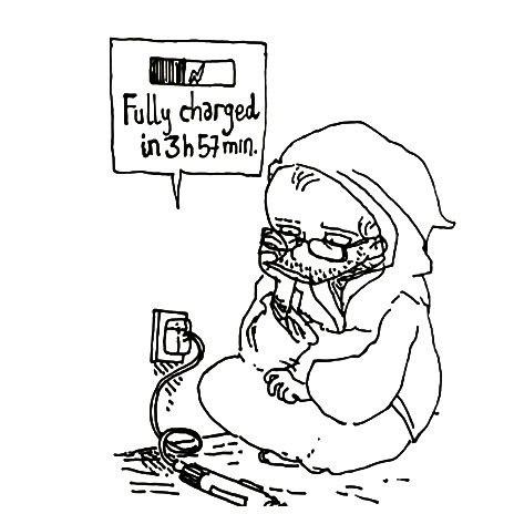 Boulet est assis, blasé, à côté d'une prise électrique sur laquelle le chargeur du sabre est branchée. La bulle annonce, avec un logo "charge": "fully charged in 3h57 min."