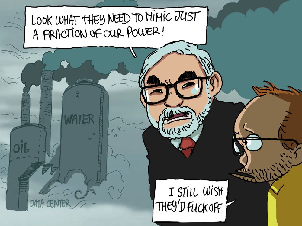 Parodie du mème de la série "Invincible".
En arrière-plan on voit un data center engloutir de grandes quantités de carburant et d'eau, envoyant des colonnes de fumée dans l'atmosphère.
Au premier plan, Miyazaki prononce la phrase du mème original: "Look what they need to mimic just a fraction of our power", tandis que Boulet répond un peu tristement: "I still wish they'd fuck off".