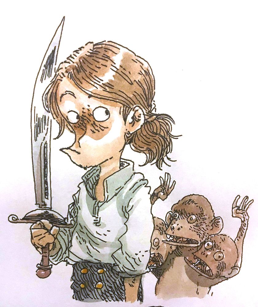 Guybrush Threepwood, le personnage principal du jeu "Monkey Island". Il tient un sabre à la main, et derrière lui s'agite un singe à trois têtes.
