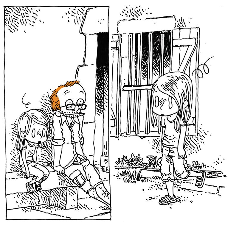 Boulet est assis avec Nièce à l'extérieur de la maison. Il semble souriant, mais elle semble soudain prise d'un vertige existentiel et s'éloigne, bras ballants et regard vide.