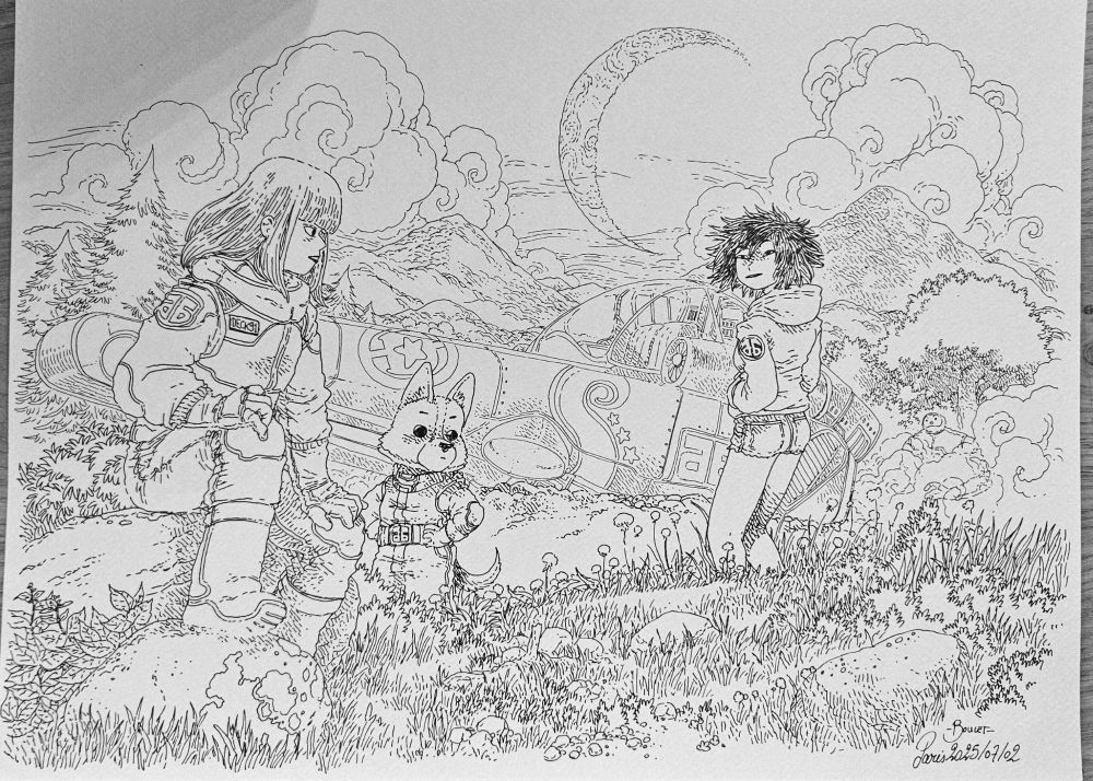 Les personnages de Bolchoi Arena (deux jeunes astronautes et un corgi humanoïde) devant un vaisseau spatial posé dans une prairie sur une planète lointaine.