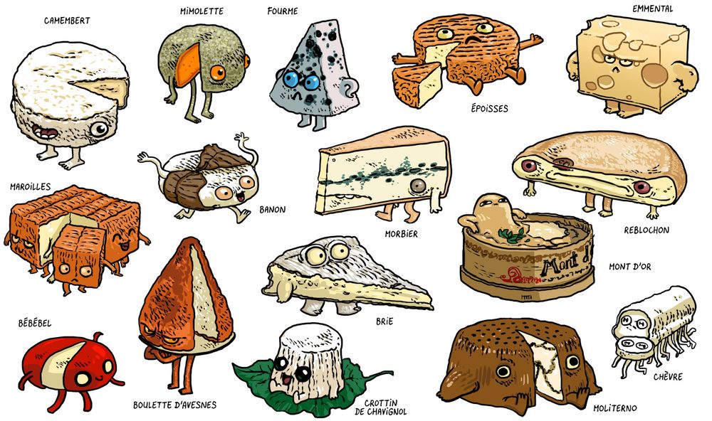 Plein de petits fromages avec des petits yeux rigolos et des bras & jambes.