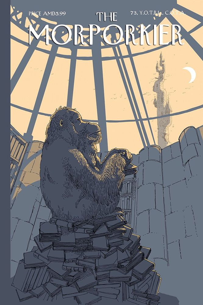 Une couverture imitant le style du "New-Yorker", avec le titre "the Morporkier".
On y voit le bibliothécaire de l'Université Invisible (un orang-outan) assis sur une pile de livres. Il regarde au loin, l'air triste. En arrière-plan on voit la tour de l'Art (une tour gigantesque et tortueuse, semblant sur le point de s'effondrée, peuplée de milliers de corbeaux), éclairée par un croissant de lune.