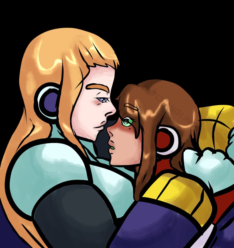 Helmetless Berkana holds Iris in her arms in a laying down close proximity, Iris' face is confused and flustered. Berkana's face is soft and domineering