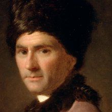 Peinture de Rousseau qui porte son fameux chapeau arménien. Il regarde en direction du spectateur. 