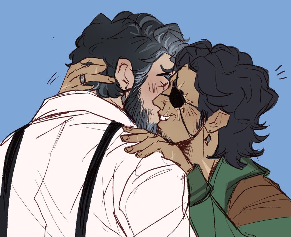 Colored sketch of my OC Will who has an eyepatch kissing my boyfriend’s OC Nate