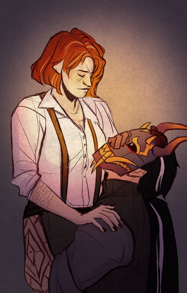 An illustration of two characters. The man, Sier, is in a mask and is kneeling on the ground, looking up at his wife Mercy. She’s wearing a button up shirt and has short orange hair. She’s looking back down at him. 