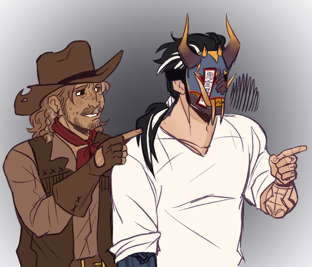 drawing of my blades in the dark character Merry (left) looking nervous, but supportive, as my boyfriend's bitd character Sier (right) threatens someone off screen