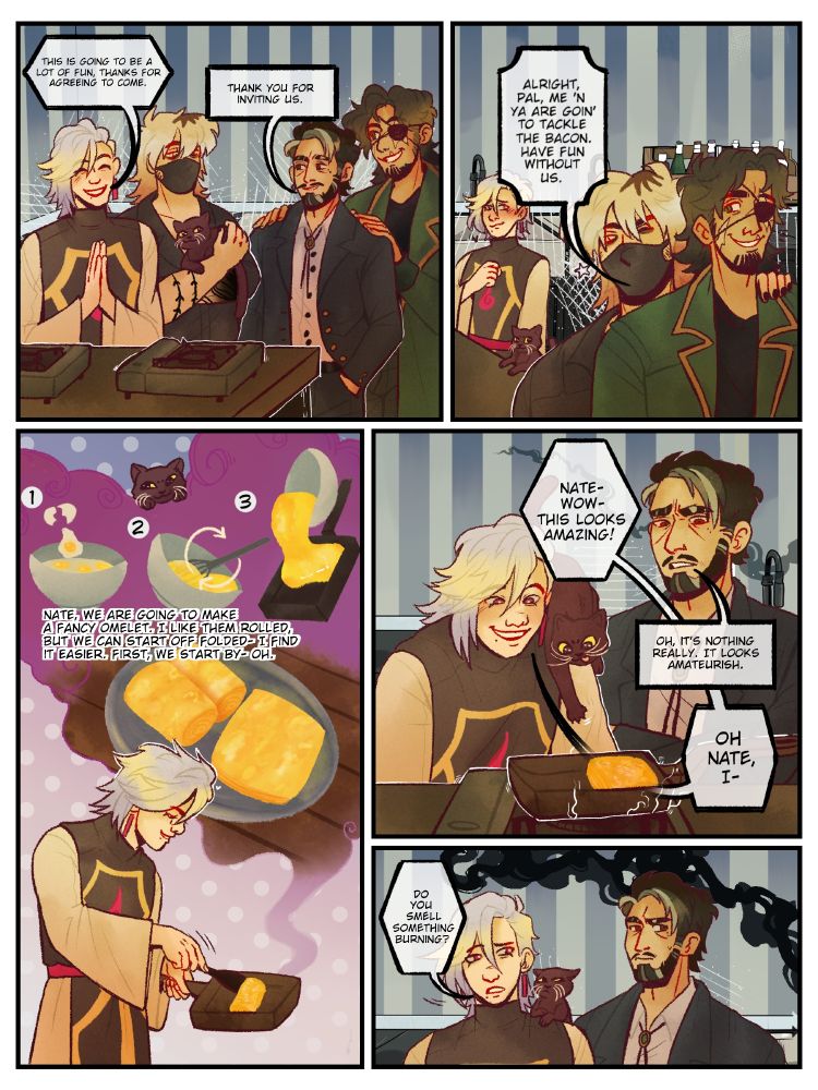 A five panel colored comic depicting four people, Hitoshi, Taro, Will and Nate, on a double date. On this page, Hitoshi is showing Nate how to make a Japanese rolled omelette, which he executes flawlessly. Only for them to notice a burning smell in the last panel, presumably caused by Will and Taro who said they would take care of the bacon part of breakfast.