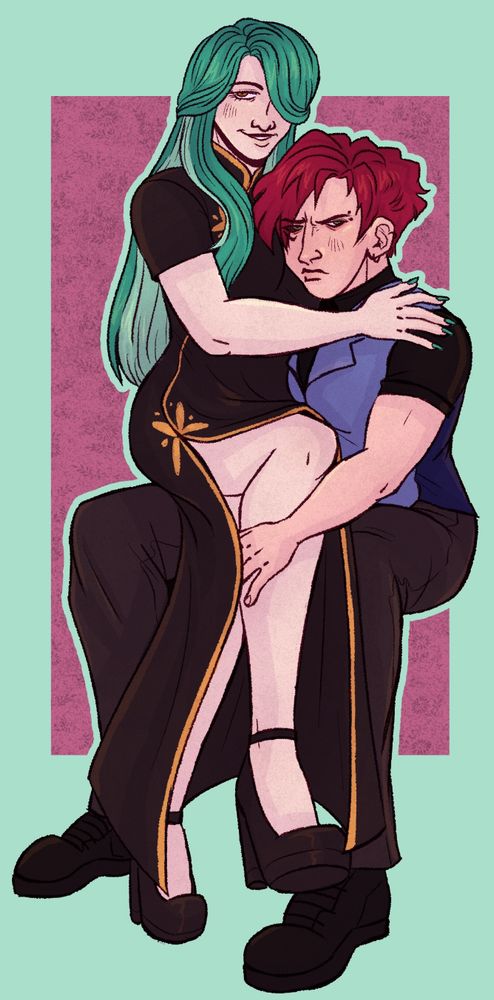 Illustration of two women. Antinea, a woman in a long black dress with green hair is sitting on the lap of the more masculine of the two, Scarlet. She has short red hair and an intimidating look on her face.