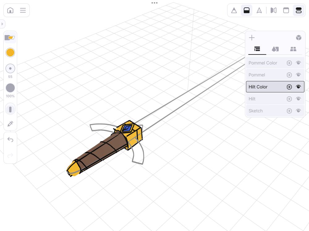 An unfinished 3D drawing of a sword in an app called Feather 3D