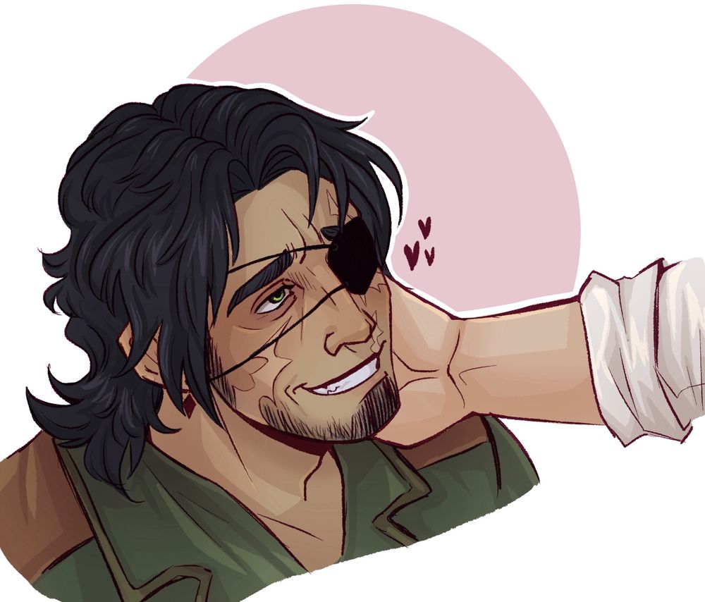 Art of my OC Will a scruffy dude with scars and an eyepatch looking up at someone who is off screen as they touch his face
