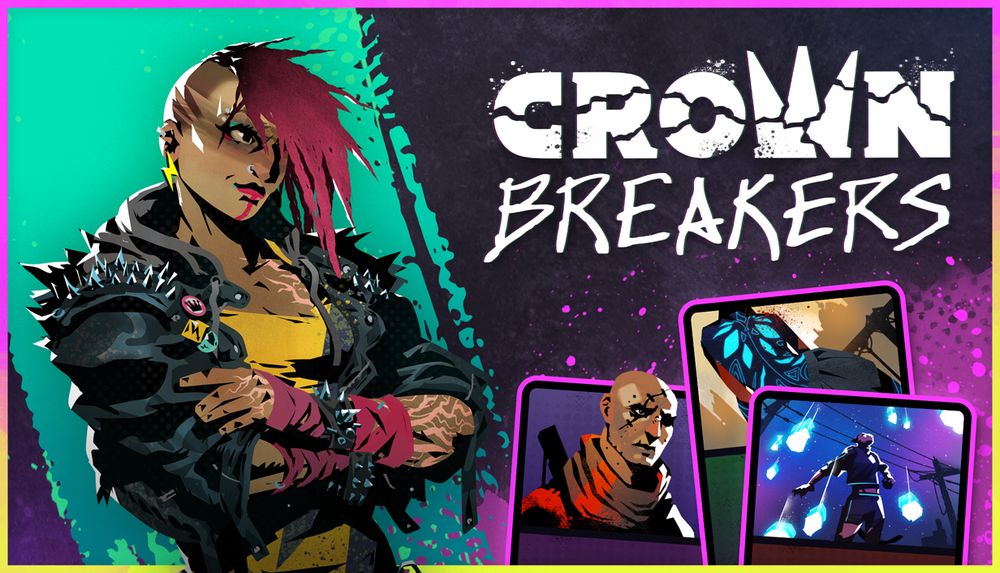 A steam capsule showing the Crownbreakers logo, the protagonist and three cards without text or icons.