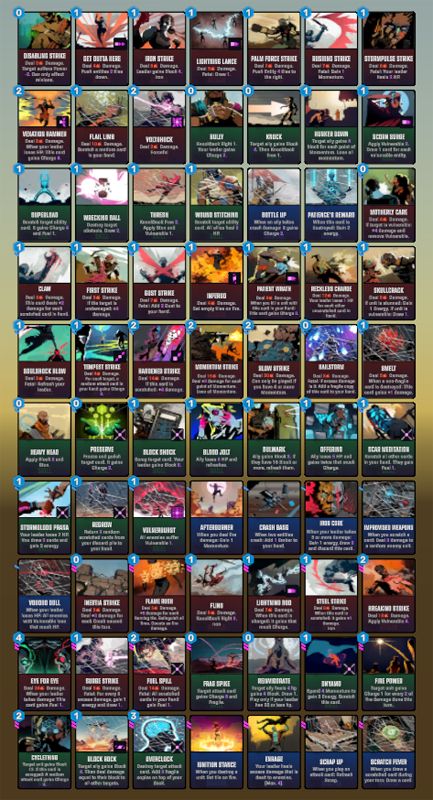 A list of 70 cards with different artwork and colors (red, green and blue) denoting the various card types. The cards are listed in ascending rarity. The text on the cards isn't readable but the artwork is visible - most of it is placeholder art taken from Nowhere Prophet, some of it is new work for Crownbreakers.