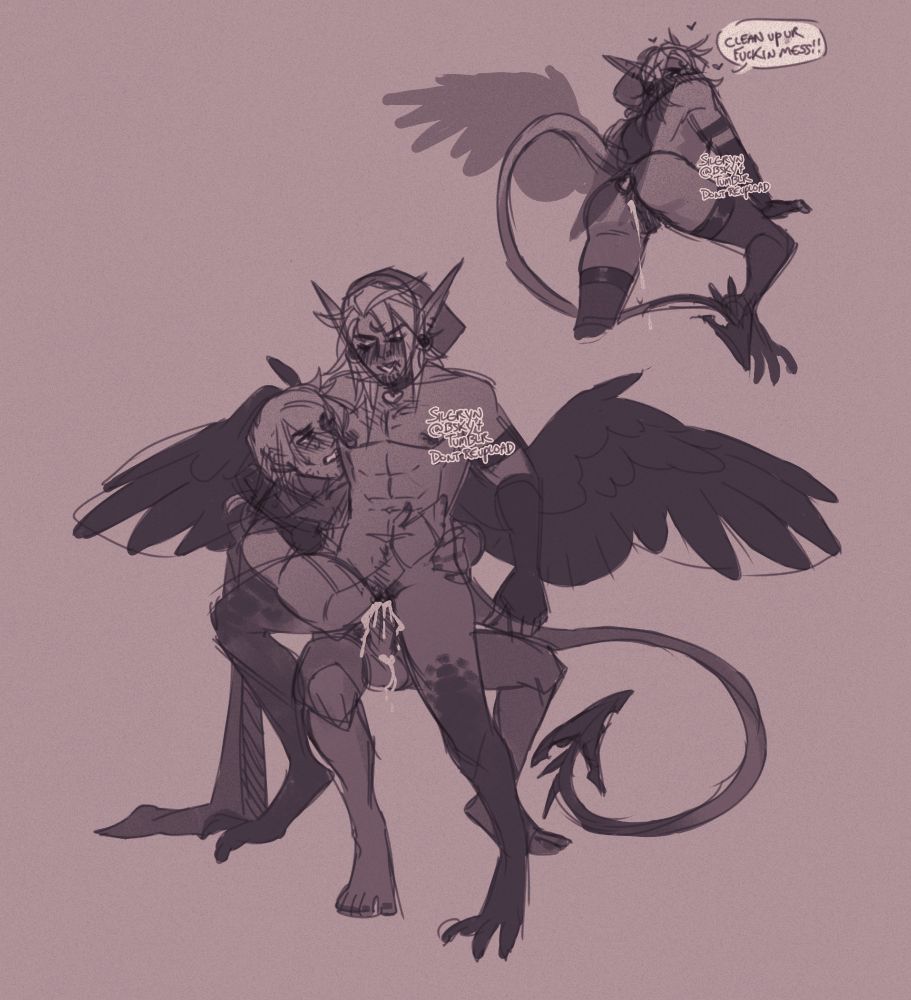 My oc Jasper riding my oc Hinata's lap, Hinata looks lost in the sauce, and Jasper is smiling warmly. In the upper corner, Jasper looks flustered and is surrounded by hearts, with a leg kicked up, cum dripping from him, saying "Clean up your fuckin mess!"