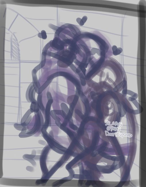 A really messy thumbnail sketch of Jarod Shadowsong from World of Warcraft pinning my druid Noa up against a brick wall.