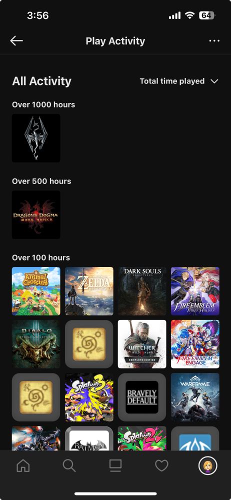 Screenshot of nintendo store app declaring that I have put more than 1000 hours into skyrim