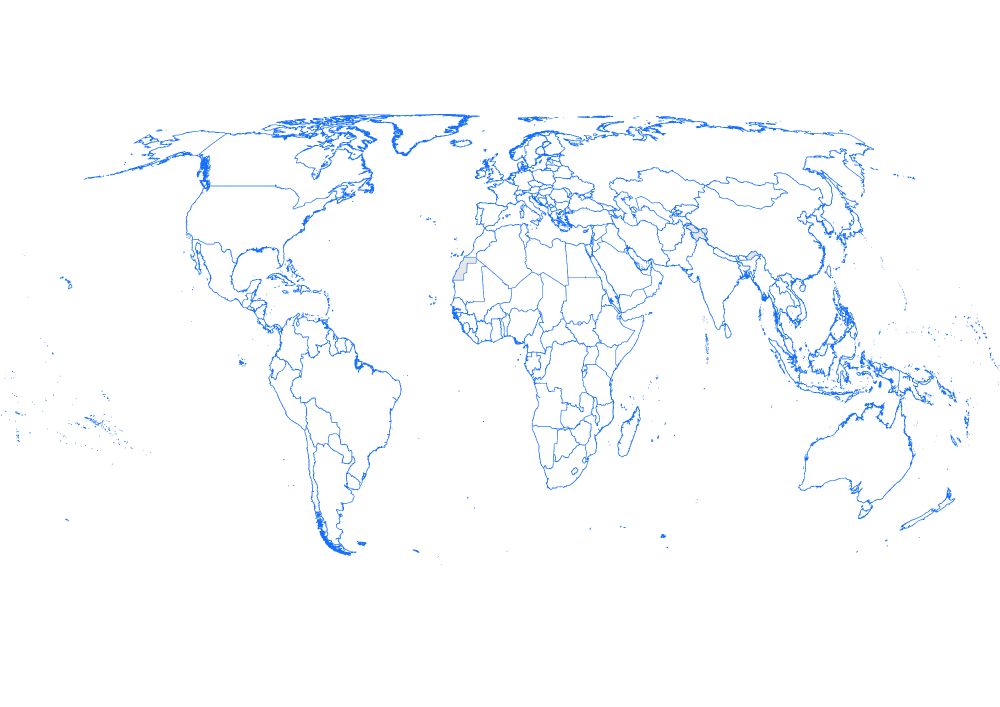 Outlines of the Admin0 level administrative boundaries from the World Bank official boundaries, shown in blue