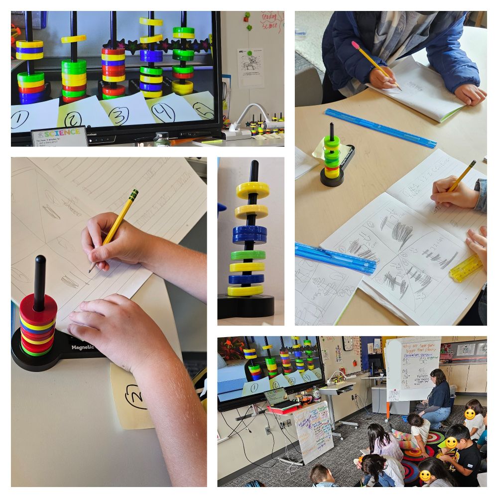 Photo grid with examples of third graders observing and sketching and measuring the gaps in the magnetic ringtoy. The magnetic ring toy has a black magnetic base horizontal with a vertical black plastic rod over which a set series of doughnut shaped magnets rest. Depending on which poles of the magnets are facing each other some configurations  show 1, 2, 3, or 4 magnets on the bottom, all attracting in a clump. And then a gap before other magnets kind of floating above them.  There were 5 different configurations students examined