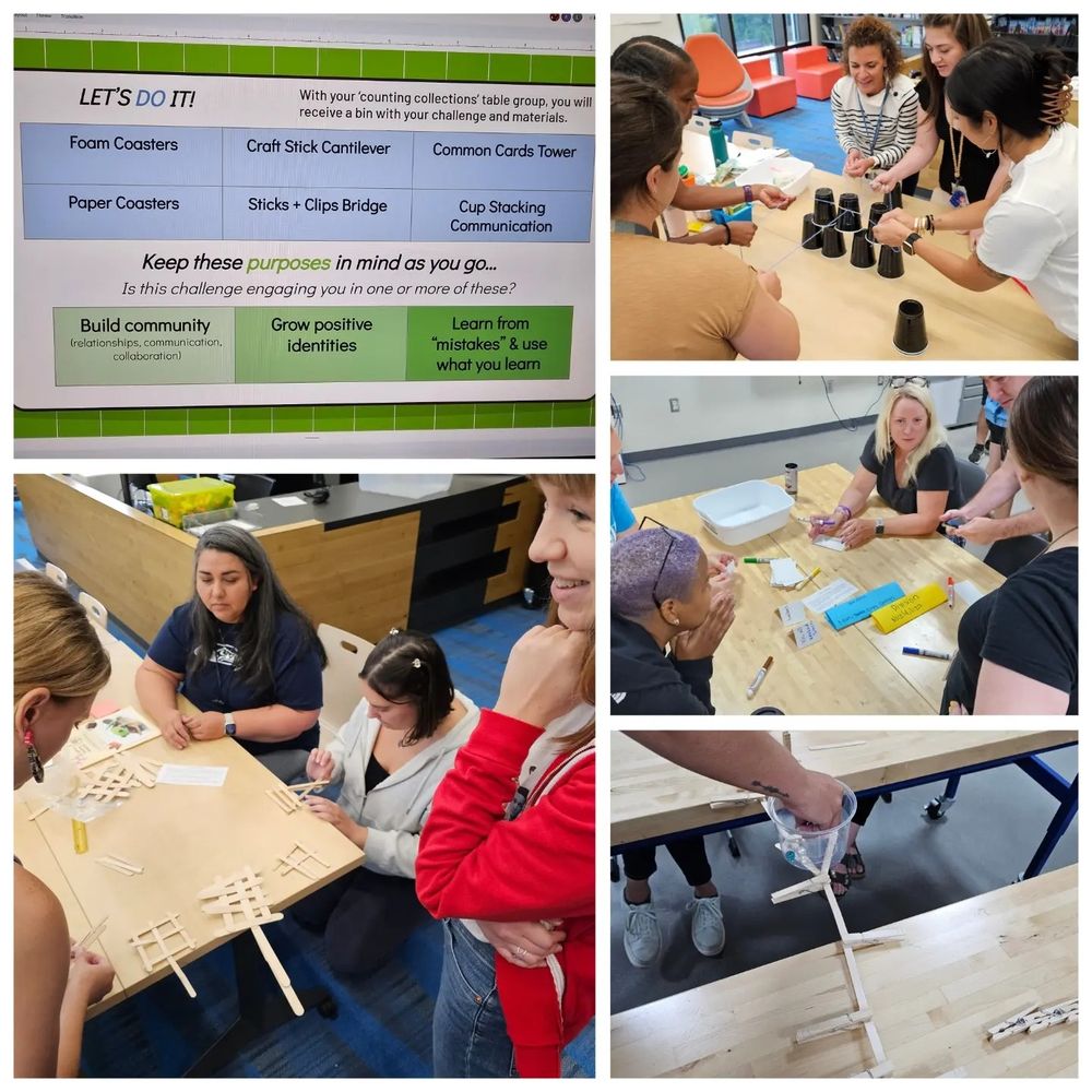 5 photo collage: Photo 1 is an image of slide with directions of keeping 3 purposes in mind (build community, grow positive identities, learn from mistakes and use what you learn) as each group engages in 1 of 6 STEM challenges. Photos 2, 3, 4, and 5 show groups engaging in challenges like craft stick cantilever, cup pyramid stacking, common connections card tower, and clips-and-sticks bridge