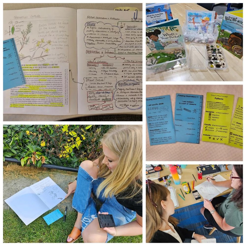 4 quadrant photo grid. 1 shows adult notebook entry making observations of some leaves on a bush outside with notes from session. 2 table with books and collections for readaloud and small objects to observe and share about. 3 one teacher making observations on the recess field sits by the fence and notices a friend (and earthworm) that's surfaced and wiggling on her notebook. 4 a pair of educations shares their observations and gets feedback on specific details or adds their wondering