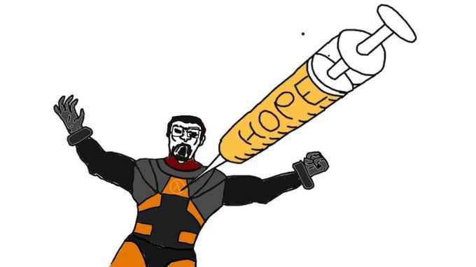 drawing of gordon freeman tied down with a giant needle labeled "HOPE" injecting on his chest