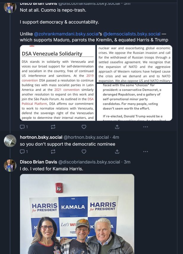 a screenshot where i ask if another users supports the democratic nominee for new york city and he replies that he supports kamala