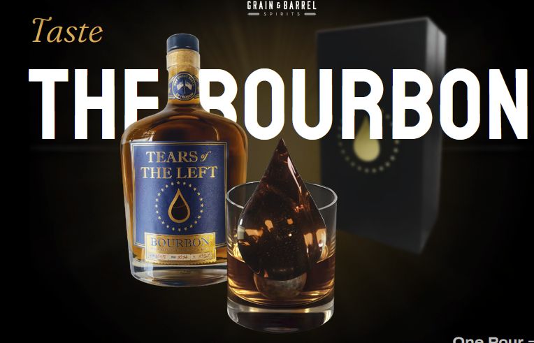 a bad tear-shaped graphic overlaid on a glass of bourbon that also has a tear-shaped stone in it