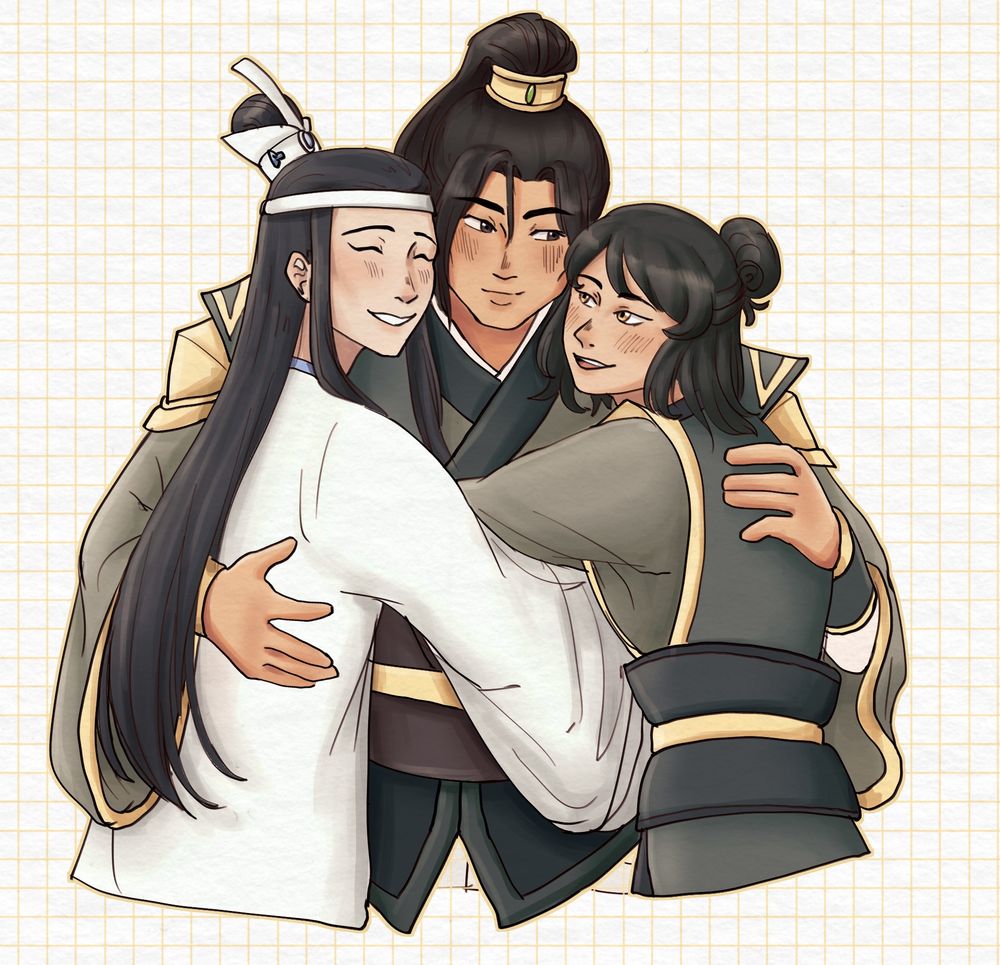 A drawing of Nie Mingjue, Nie Huaisang, and Lan Xichen from Mo Dao Zu Shi/Grandmaster of Demonic Cultivation. Nie Mingjue is in the center, embracing Lan Xichen to his left and Nie Huaisang to his right. He’s looking at NHS, who is smiling wide. LXC relaxes and closes his eyes into the hold, content. 